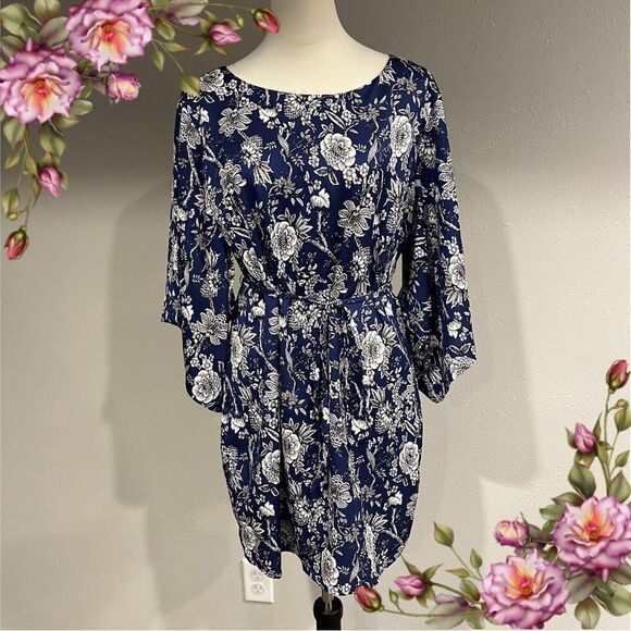Aakaa long sleeve floral navy mini dress with thin belt size Medium - Picture 1 of 15